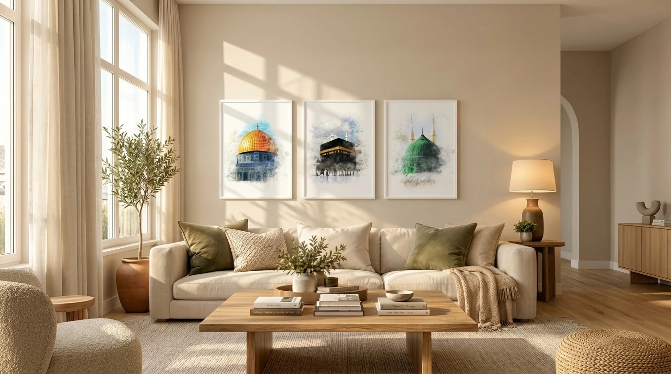 Beyaz çerçeveli üçlü tablo seti modern yaşam alanında