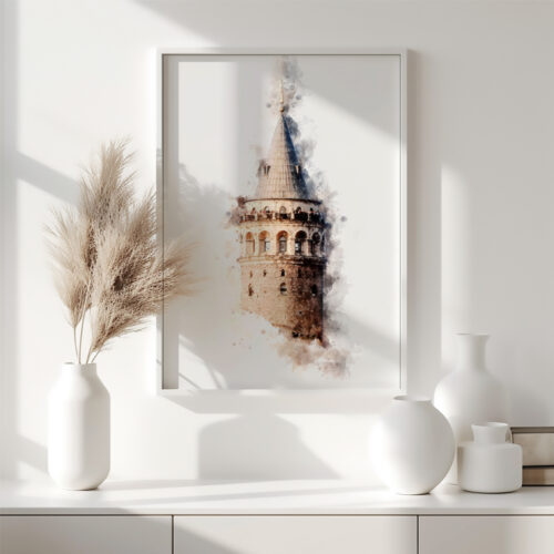 Hayyart Galata Kulesi Watercolor Ahşap Çerçeveli Tekli Minimalist İslami Tablo - Görsel 17