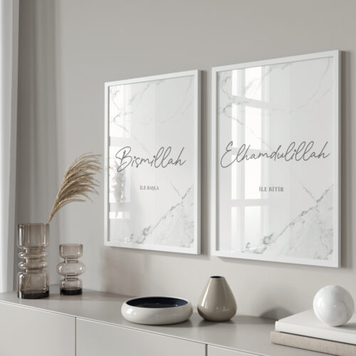 Hayyart Bismillah, Elhamdülillah Marble Ahşap Çerçeveli Minimalist 2'li İslami Tablo Set - Görsel 14
