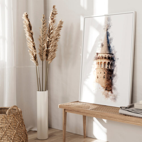 Hayyart Galata Kulesi Watercolor Ahşap Çerçeveli Tekli Minimalist İslami Tablo - Görsel 16
