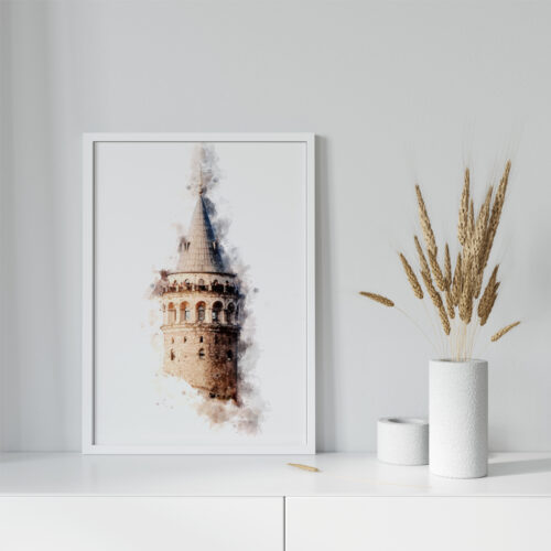 Hayyart Galata Kulesi Watercolor Ahşap Çerçeveli Tekli Minimalist İslami Tablo - Görsel 11