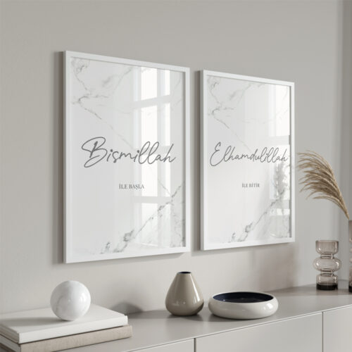 Hayyart Bismillah, Elhamdülillah Marble Ahşap Çerçeveli Minimalist 2'li İslami Tablo Set - Görsel 16