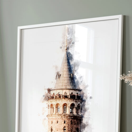 Hayyart Galata Kulesi Watercolor Ahşap Çerçeveli Tekli Minimalist İslami Tablo - Görsel 12