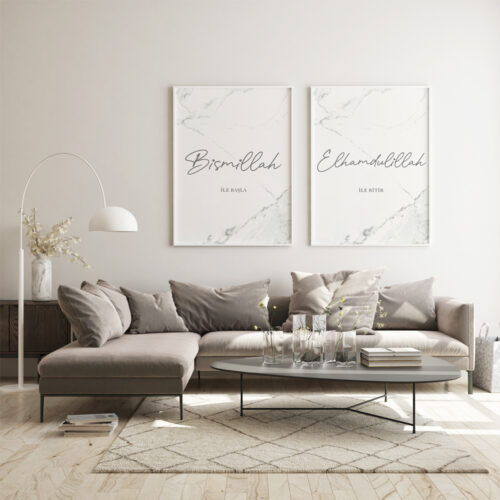 Hayyart Bismillah, Elhamdülillah Marble Ahşap Çerçeveli Minimalist 2'li İslami Tablo Set - Görsel 12