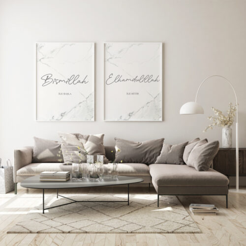 Hayyart Bismillah, Elhamdülillah Marble Ahşap Çerçeveli Minimalist 2'li İslami Tablo Set - Görsel 13
