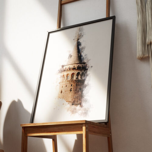 Hayyart Galata Kulesi Watercolor Ahşap Çerçeveli Tekli Minimalist İslami Tablo - Görsel 3