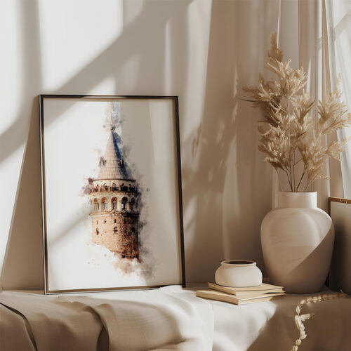 Hayyart Galata Kulesi Watercolor Ahşap Çerçeveli Tekli Minimalist İslami Tablo - Görsel 10