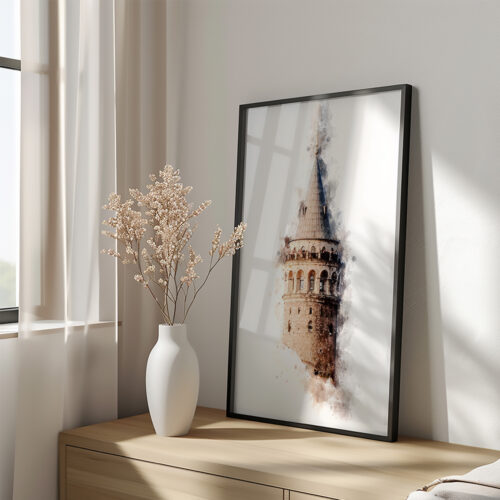 Hayyart Galata Kulesi Watercolor Ahşap Çerçeveli Tekli Minimalist İslami Tablo - Görsel 7