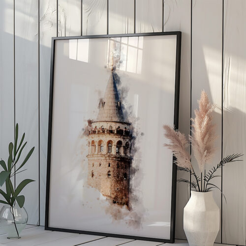 Hayyart Galata Kulesi Watercolor Ahşap Çerçeveli Tekli Minimalist İslami Tablo - Görsel 5