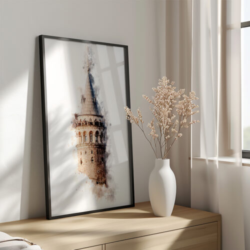 Hayyart Galata Kulesi Watercolor Ahşap Çerçeveli Tekli Minimalist İslami Tablo - Görsel 6