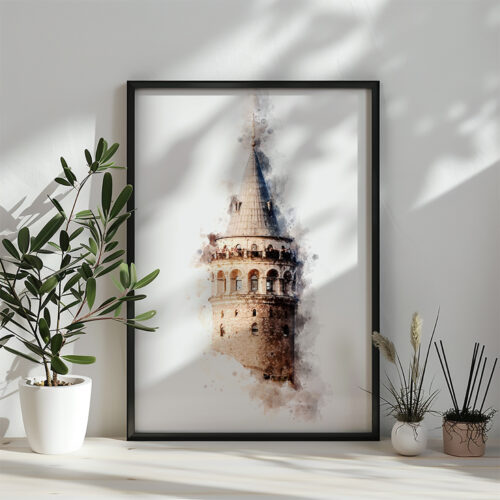 Hayyart Galata Kulesi Watercolor Ahşap Çerçeveli Tekli Minimalist İslami Tablo - Görsel 4