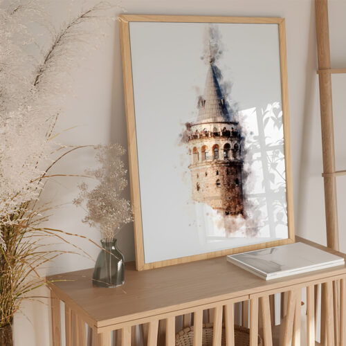 Hayyart Galata Kulesi Watercolor Ahşap Çerçeveli Tekli Minimalist İslami Tablo - Görsel 19