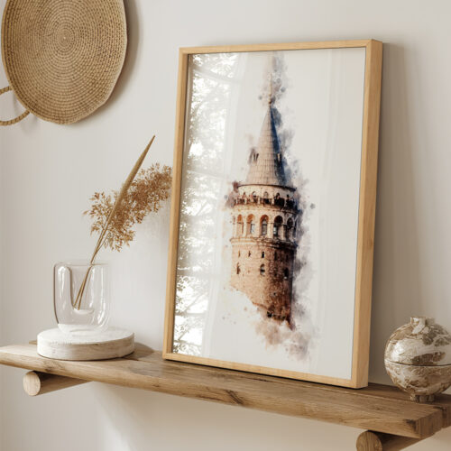 Hayyart Galata Kulesi Watercolor Ahşap Çerçeveli Tekli Minimalist İslami Tablo - Görsel 18