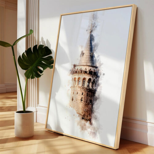 Hayyart Galata Kulesi Watercolor Ahşap Çerçeveli Tekli Minimalist İslami Tablo - Görsel 20