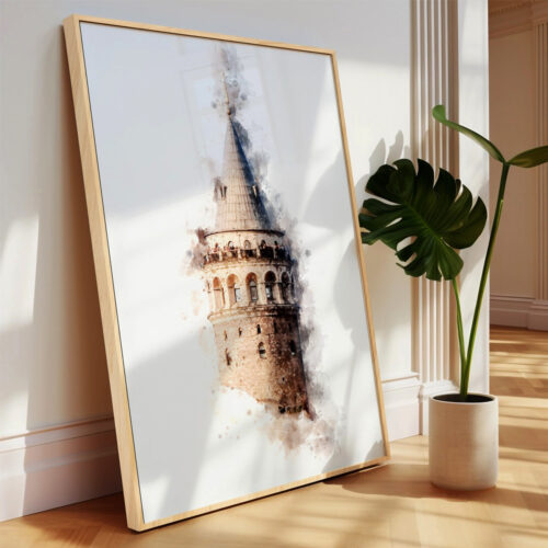 Hayyart Galata Kulesi Watercolor Ahşap Çerçeveli Tekli Minimalist İslami Tablo - Görsel 23