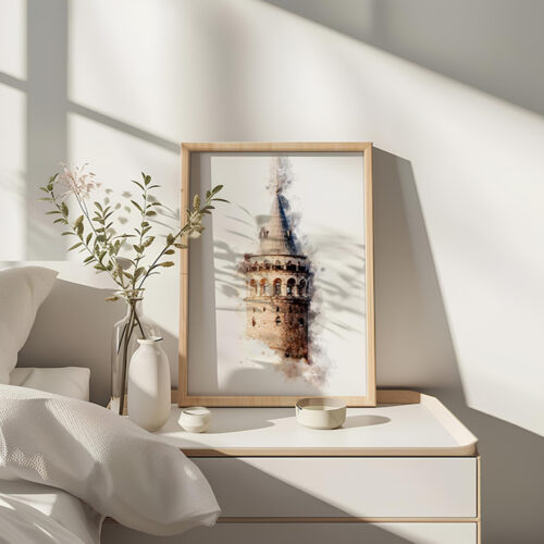 Hayyart Galata Kulesi Watercolor Ahşap Çerçeveli Tekli Minimalist İslami Tablo - Görsel 21