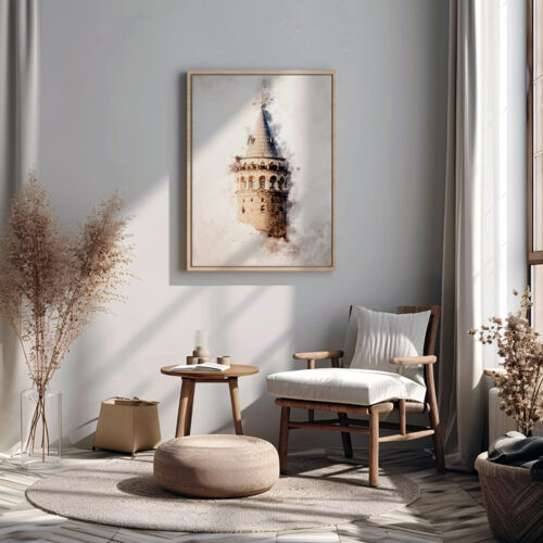Hayyart Galata Kulesi Watercolor Ahşap Çerçeveli Tekli Minimalist İslami Tablo - Görsel 22