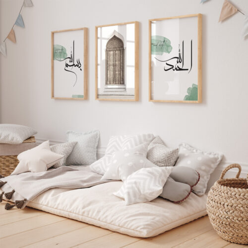 Bismillah, Orient Door, Elhamdülillah Koyu Yeşil Minimalist Ahşap Çerçeveli 3'lü İslami Tablo Set - Görsel 16