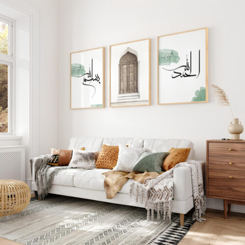 Bismillah, Orient Door, Elhamdülillah Koyu Yeşil Minimalist Ahşap Çerçeveli 3'lü İslami Tablo Set - Görsel 18