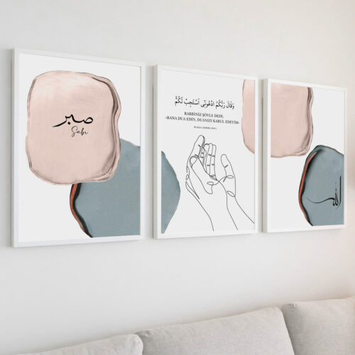 Hayyart Allah, Dua, Sabır Ahşap Çerçeveli Minimalist 3'lü İslami Tablo Set - Mavi - Görsel 12