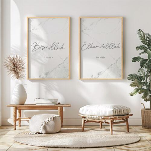 Hayyart Bismillah, Elhamdülillah Marble Ahşap Çerçeveli Minimalist 2'li İslami Tablo Set - Görsel 17