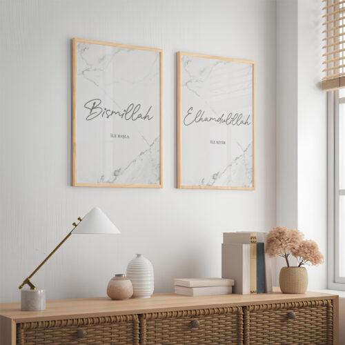 Hayyart Bismillah, Elhamdülillah Marble Ahşap Çerçeveli Minimalist 2'li İslami Tablo Set - Görsel 18