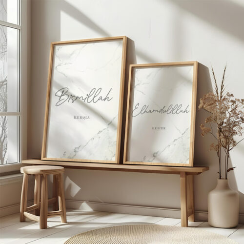 Hayyart Bismillah, Elhamdülillah Marble Ahşap Çerçeveli Minimalist 2'li İslami Tablo Set - Görsel 19