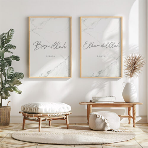 Hayyart Bismillah, Elhamdülillah Marble Ahşap Çerçeveli Minimalist 2'li İslami Tablo Set - Görsel 20