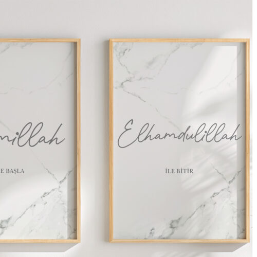Hayyart Bismillah, Elhamdülillah Marble Ahşap Çerçeveli Minimalist 2'li İslami Tablo Set - Görsel 22