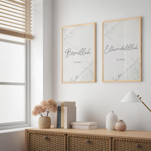 Hayyart Bismillah, Elhamdülillah Marble Ahşap Çerçeveli Minimalist 2'li İslami Tablo Set - Görsel 23