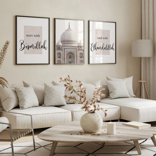 Hayyart Bismillah, Taj Mahal, Elhamdülillah Ahşap Çerçeveli 3'lü İslami Tablo Set - Görsel 4