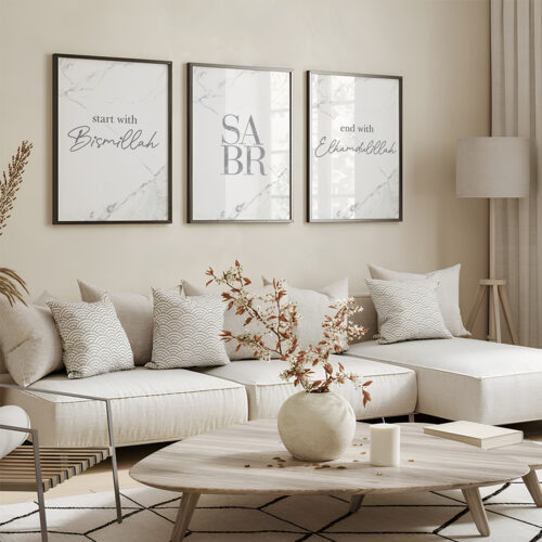 Hayyart Bismillah, Sabr, Elhamdülillah Marble Ahşap Çerçeveli 3'lü İslami Tablo Set - Görsel 4