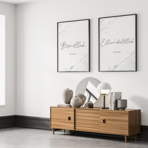 Hayyart Bismillah, Elhamdülillah Marble Ahşap Çerçeveli Minimalist 2'li İslami Tablo Set - Görsel 3
