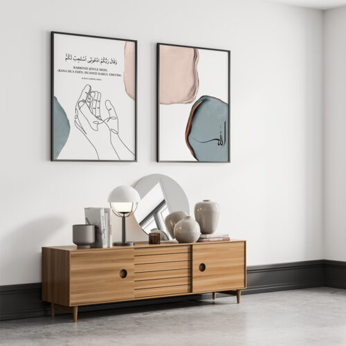 Hayyart Allah, Dua, Sabır Ahşap Çerçeveli Minimalist 3'lü İslami Tablo Set - Mavi - Görsel 10