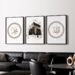 Hayyart Allah, Kaabe, Muhammed Ahşap Çerçeveli 3'lü İslami Tablo Set - Görsel 2