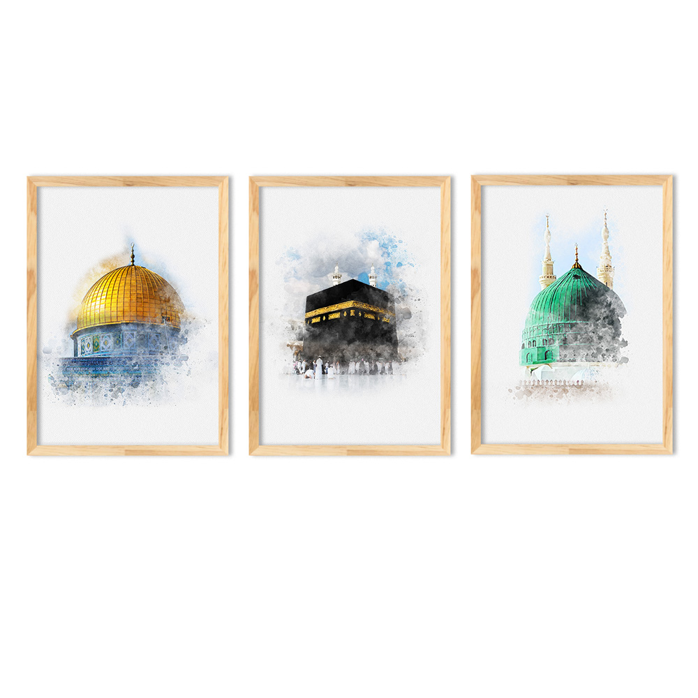 Hayyart Aksa, Kabe, Mescidi Nebevi Ahşap Çerçeveli Minimalist 3'lü İslami Tablo Set
