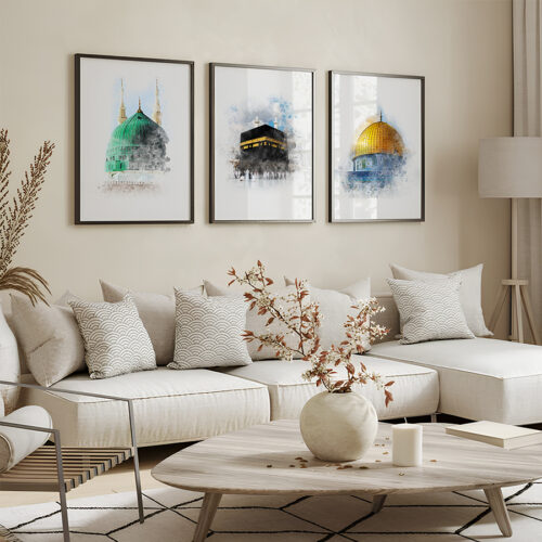 Hayyart Aksa, Kabe, Mescidi Nebevi Ahşap Çerçeveli Minimalist 3'lü İslami Tablo Set - Görsel 4