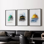 Hayyart Aksa, Kabe, Mescidi Nebevi Ahşap Çerçeveli Minimalist 3'lü İslami Tablo Set - Görsel 3