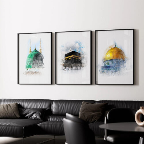 Hayyart Aksa, Kabe, Mescidi Nebevi Ahşap Çerçeveli Minimalist 3'lü İslami Tablo Set - Görsel 3