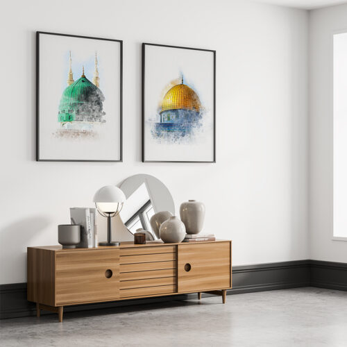 Hayyart Aksa, Kabe, Mescidi Nebevi Ahşap Çerçeveli Minimalist 3'lü İslami Tablo Set - Görsel 5