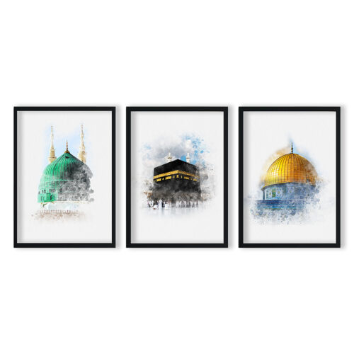 Hayyart Aksa, Kabe, Mescidi Nebevi Ahşap Çerçeveli Minimalist 3'lü İslami Tablo Set
