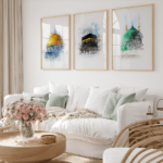 Hayyart Aksa, Kabe, Mescidi Nebevi Ahşap Çerçeveli Minimalist 3'lü İslami Tablo Set - Görsel 14