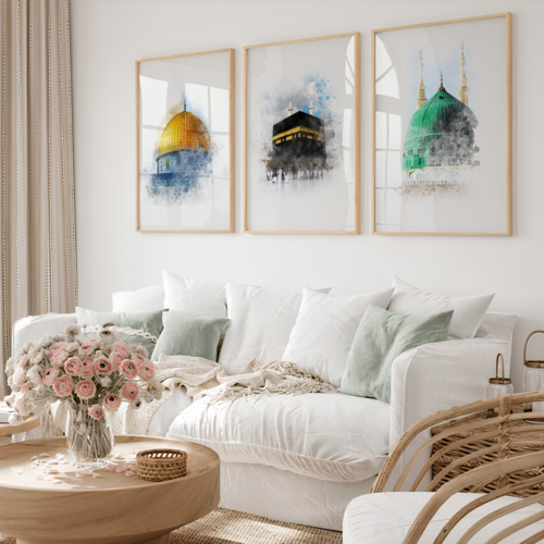 Hayyart Aksa, Kabe, Mescidi Nebevi Ahşap Çerçeveli Minimalist 3'lü İslami Tablo Set - Görsel 14