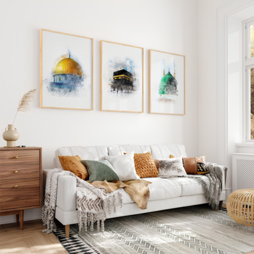 Hayyart Aksa, Kabe, Mescidi Nebevi Ahşap Çerçeveli Minimalist 3'lü İslami Tablo Set - Görsel 17