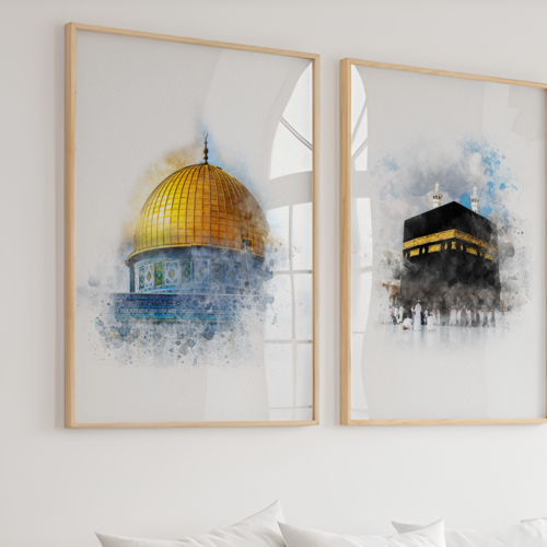 Hayyart Aksa, Kabe, Mescidi Nebevi Ahşap Çerçeveli Minimalist 3'lü İslami Tablo Set - Görsel 18