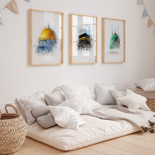 Hayyart Aksa, Kabe, Mescidi Nebevi Ahşap Çerçeveli Minimalist 3'lü İslami Tablo Set - Görsel 15