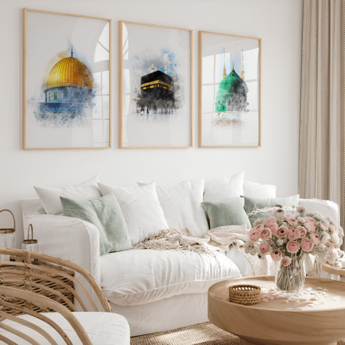 Hayyart Aksa, Kabe, Mescidi Nebevi Ahşap Çerçeveli Minimalist 3'lü İslami Tablo Set - Görsel 16
