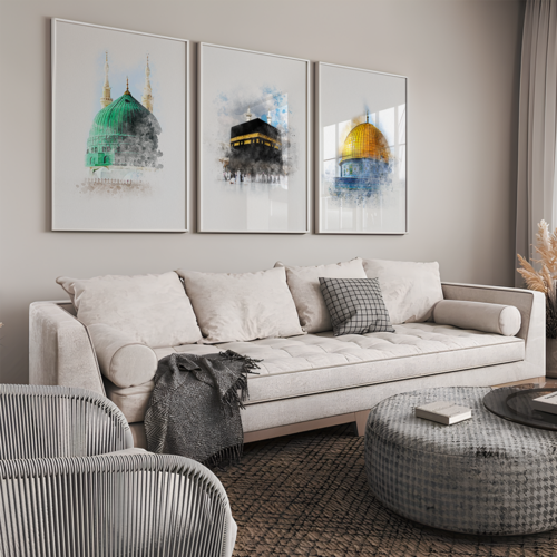 Hayyart Aksa, Kabe, Mescidi Nebevi Ahşap Çerçeveli Minimalist 3'lü İslami Tablo Set - Görsel 8