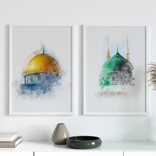 Hayyart Aksa, Kabe, Mescidi Nebevi Ahşap Çerçeveli Minimalist 3'lü İslami Tablo Set - Görsel 12
