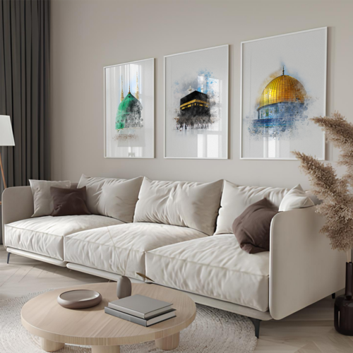 Hayyart Aksa, Kabe, Mescidi Nebevi Ahşap Çerçeveli Minimalist 3'lü İslami Tablo Set - Görsel 9